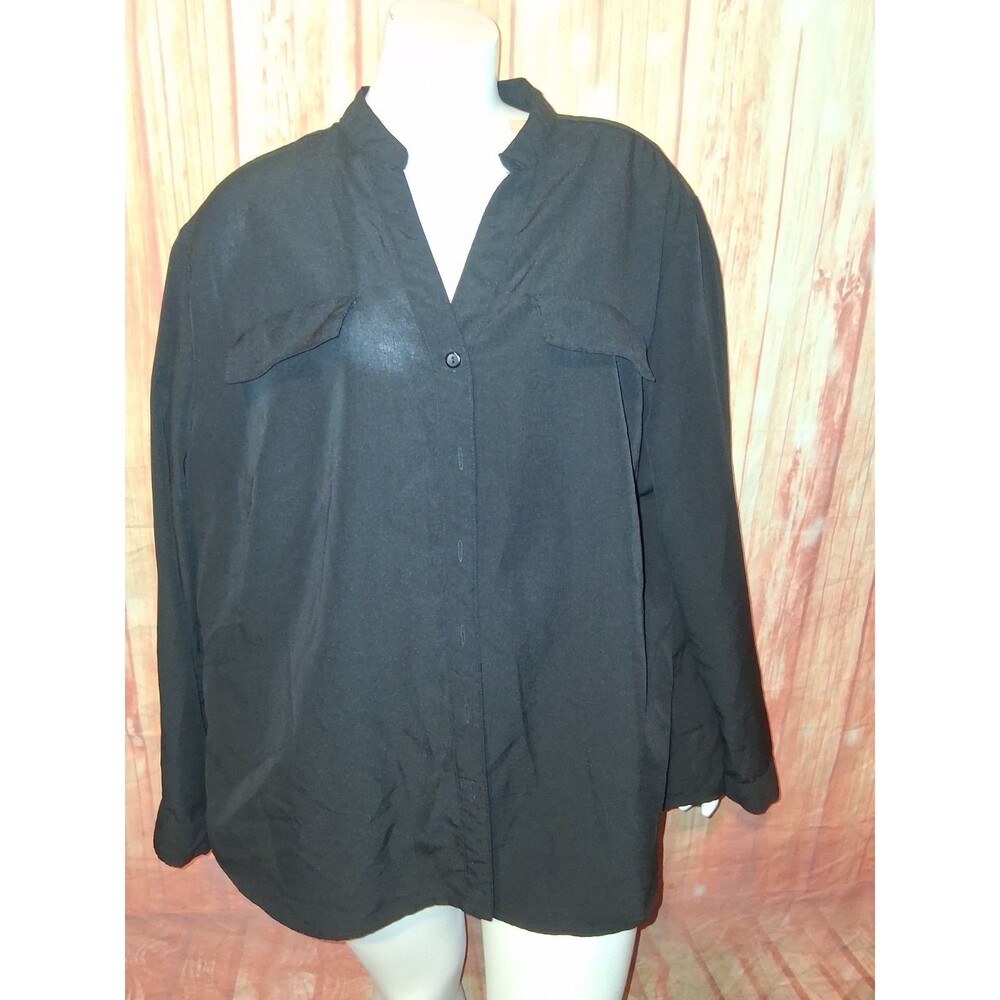 NY Collection Black Long Roll Tab Sleeve Button Up Blouse Sz 2X